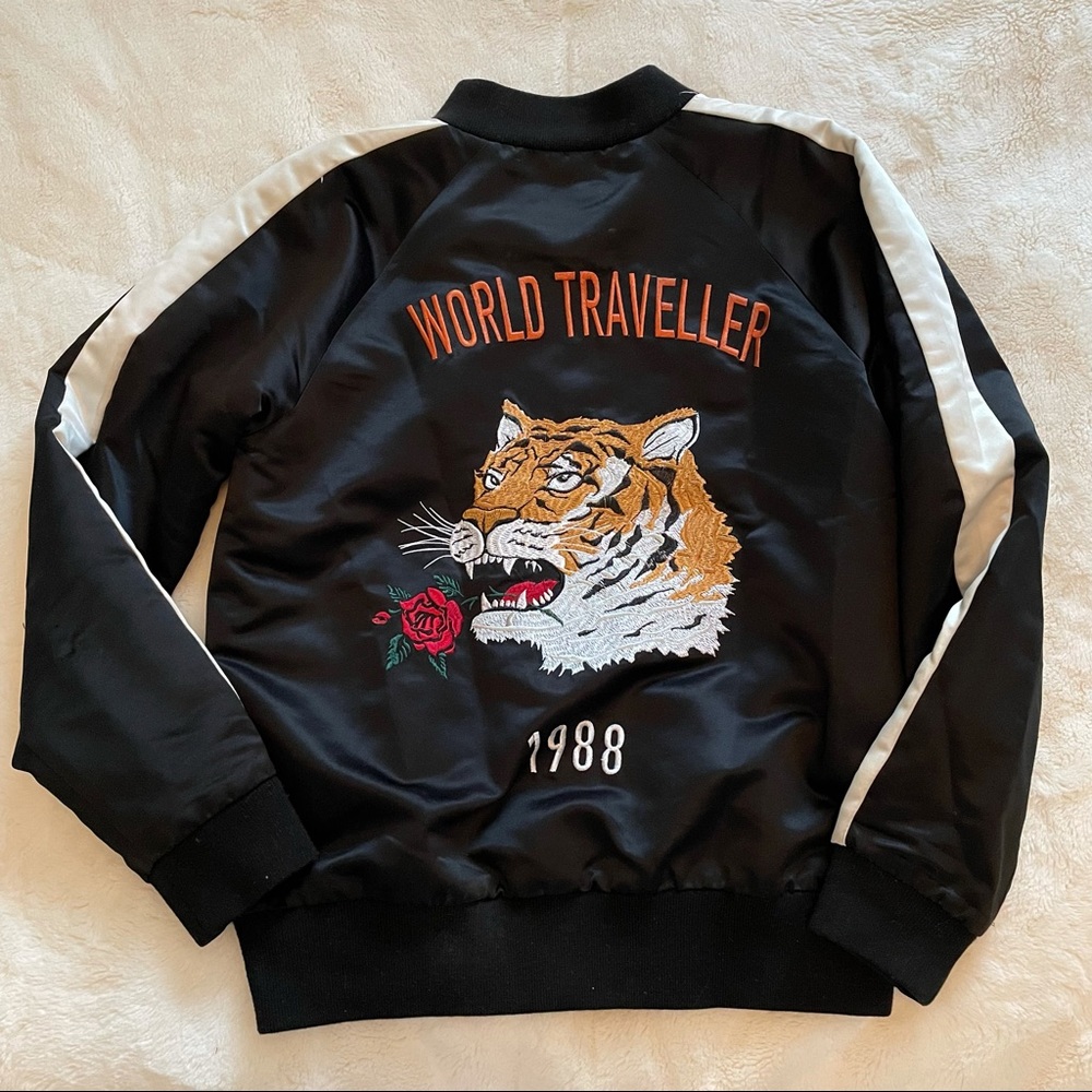 Satin Bomber Varsity Jacket | "World Traveller 1988” | Tiger | Embroidered
